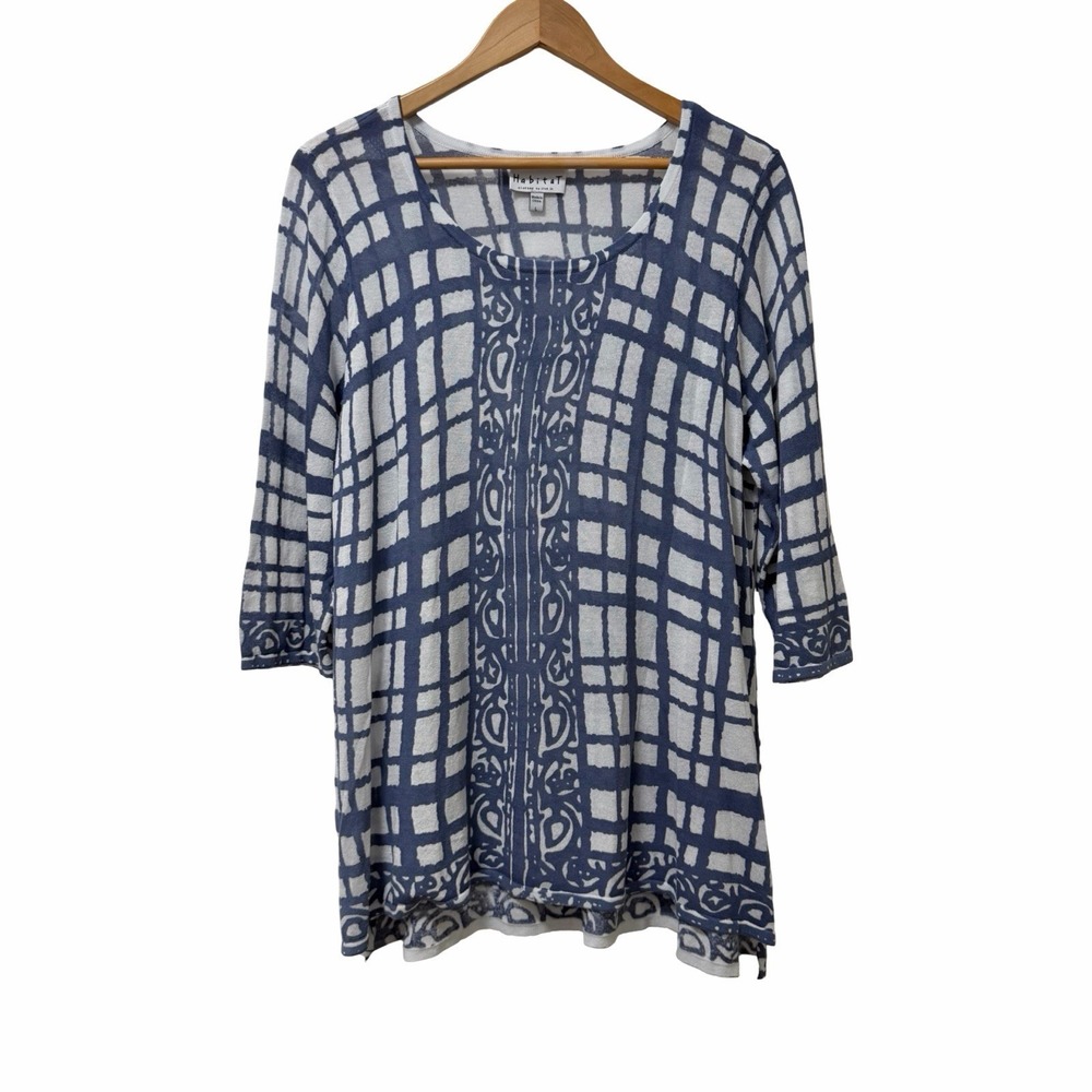 Habitat Womens Geometric 3/4 Sleeve Knit Top Size L Blue Stretch Casual Everyday